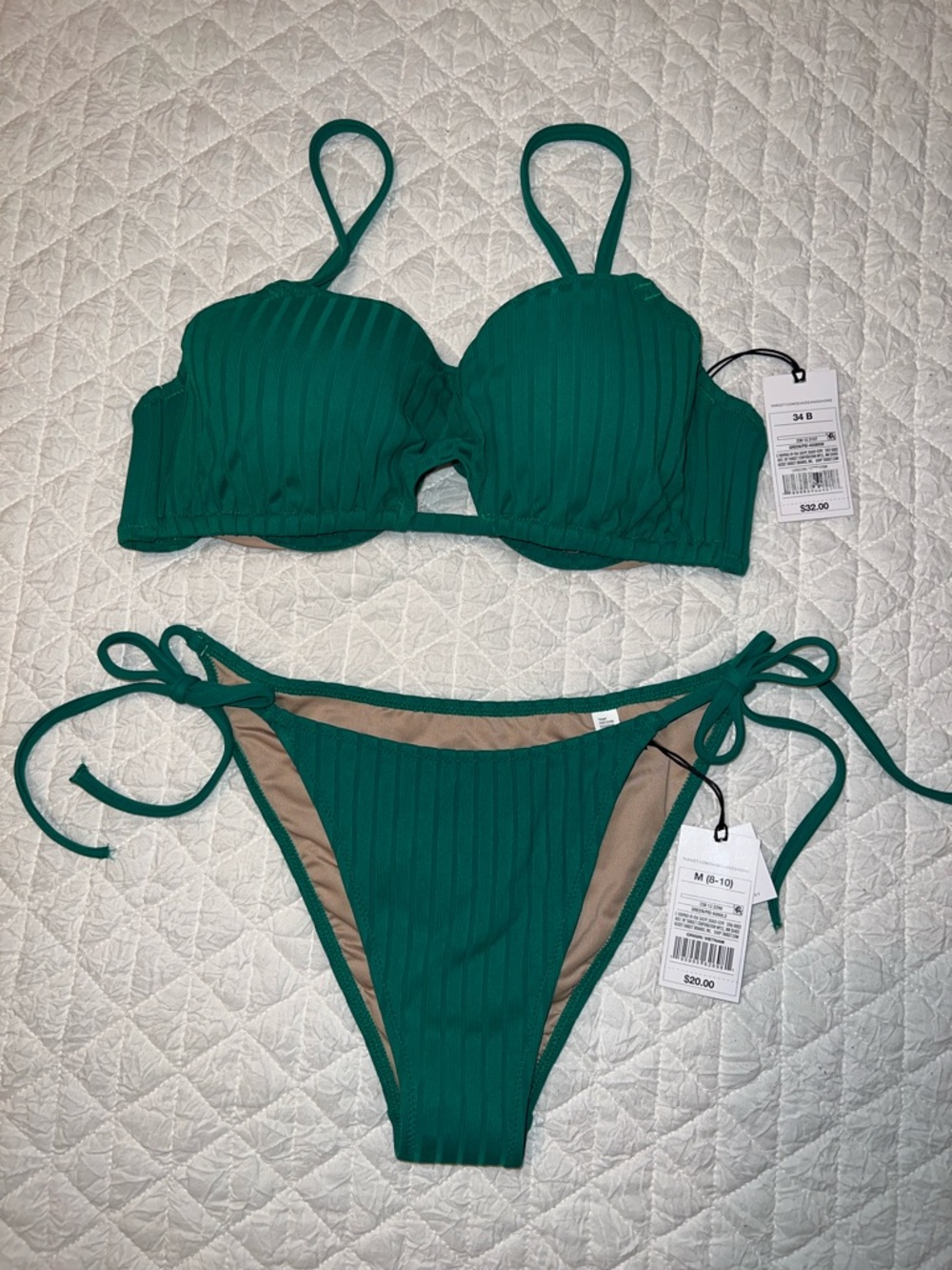Shade & Shore Green Ribbed Tie-Side Bikini Set